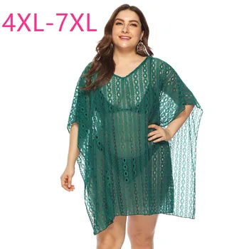 

2020 summer new plus size long cloak for women large short sleeve loose lace hollow out thin V neck coat green 4XL 5XL 6XL 7XL