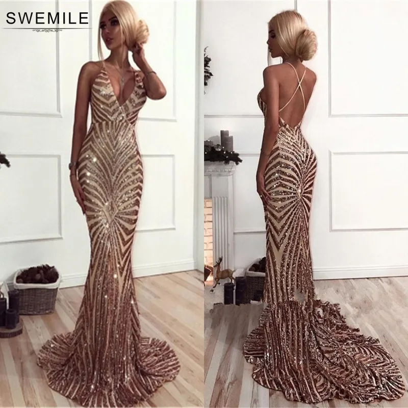 

Sexy Criss-Cross Back Mermaid Evening Dress 2019 Glittering Sequin V Neck Prom Gowns Golden Long Party Dresses Vestido De Festa