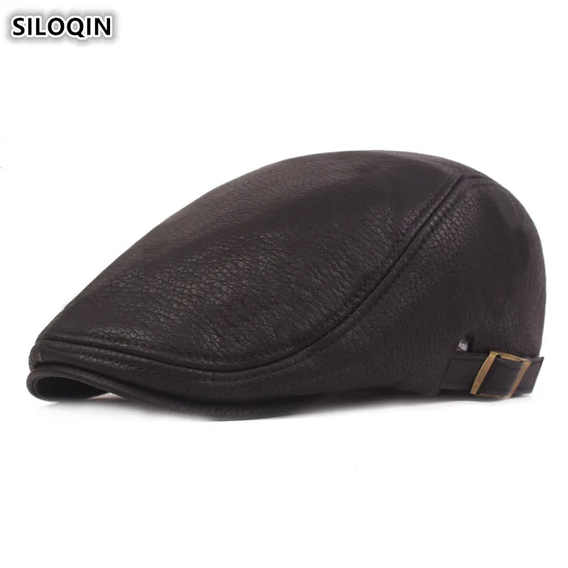 SILOQIN Middle-aged Elderly Winter Warm Hats Beret Men's PU Leather Berets Simple Fashion Imitation Leather Tongue Caps Dad Hat