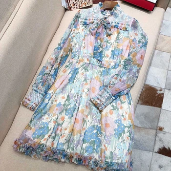 

Women Elegant Print Dress Bow Tie Collar Long Sleeve Female Office Wear Stylish Casual Dresses
