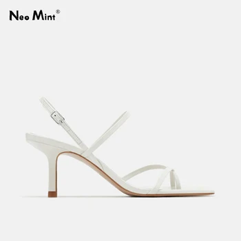 

White High Heels Sandals for Summer Narrow Band High Heel Vintage Square Toe Heel Sandals Concise Ladies Shes for Party