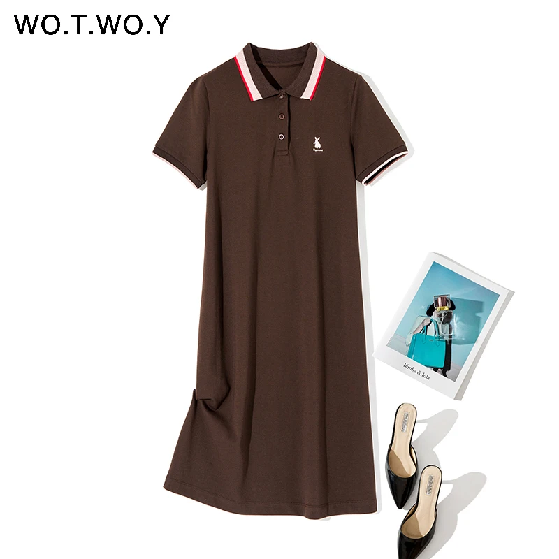 

WOTWOY 2020 Casual Rabbit Logo Straight Polo Shirt Dresses Ladies Spring Black Plus Size Knee-length Dress Woman Button Blue