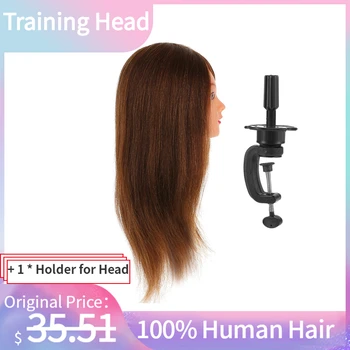 

24" 100% Real Human Hair Mannequin Head Hairdressing Training Head Cosmetology Doll Head With Table Clamp Stand Practice Tool