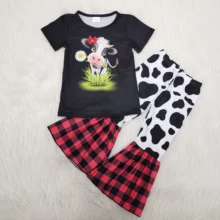 Весенне-летняя детская одежда для маленьких девочек; Изысканные комплекты одежды для детей; комплект одежды с рисунком коровы; красные клетчатые брюки-колокольчики