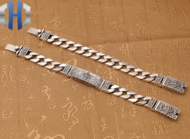 S925 Стерлинговое серебро ювелирные изделия мужские толстые шесть символов мантра Кинг Конг пестик Ретро Личность тайский серебряный браслет с пряжкой