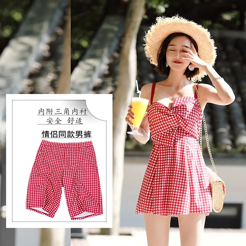 

2018 Couples Swimwear Dress-Swimsuit Belly Covering Slimming Steel Push up Small qing xin wen quan Beach Boxer Women's