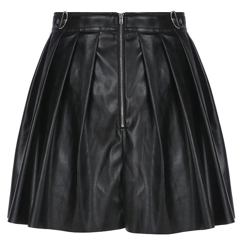 Focal20 Streetwear Chain Solid Color Pleated Women PU Skirt Shift Above Knee Female Skirts Casual Spring Summer PU Lady Bottoms