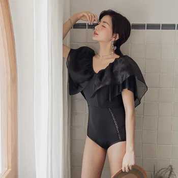 

One Piece Bathing Suit Whole Swimsuit Women's One-Piece Swimwear Push Up Women 2019 Black Sexy With Ruffles Thin Hot Beach