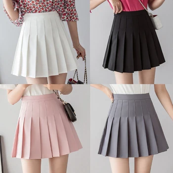 

Black,Gray,Pink,White Elegant Pleated Skirt Spring Summer Students Saia Women High Waist Mini Skirts Preppy Style