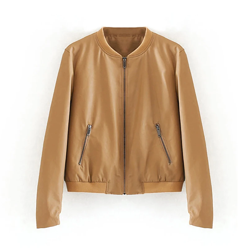 

Fashion Pu Leather Bomber Jacket Women Slim Winter Outwear Zipper Coats Vintage Pockets Solid Long Sleeve Female Short Coat