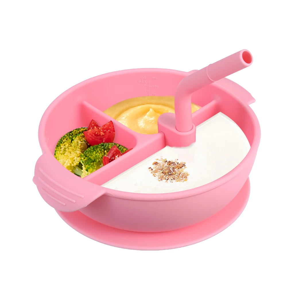 Baby silicone plate Kids Bowl Plates One piece Placemat with Straw baby