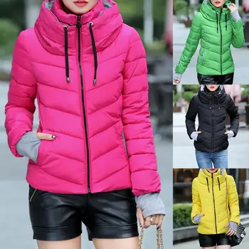 

2019 Women Winter Solid Color Thumb Hole Zipper Cotton Coat Warm Short Down Jacket Warm Fashion for women Feather Hooded