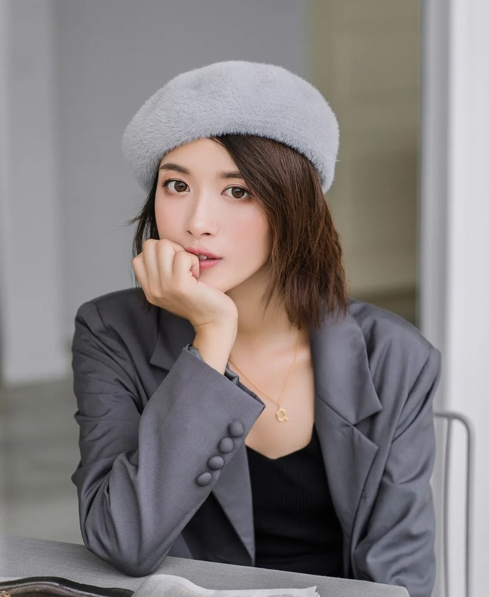 Otomino Invierno moda mujer boina sombrero de piel de conejo sombrero grueso calentador boina mujer sombrero para mujer