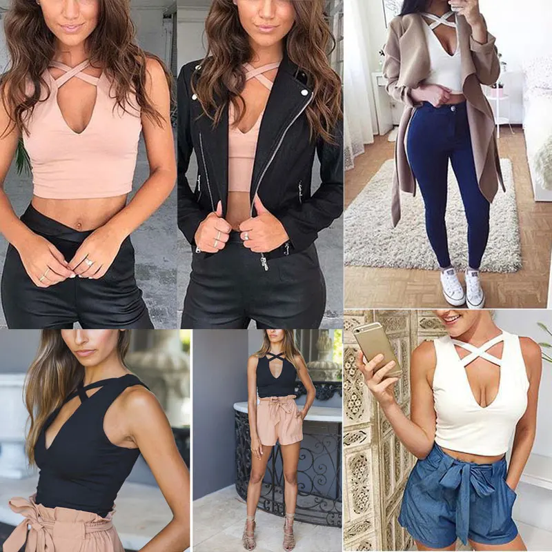 

Fashion Summer Women Crop Tops Sexy Solid Color V Neck Sleeveless T-Shirts Crossed Bandage Ladies Loose Casual T-Shirt JS25