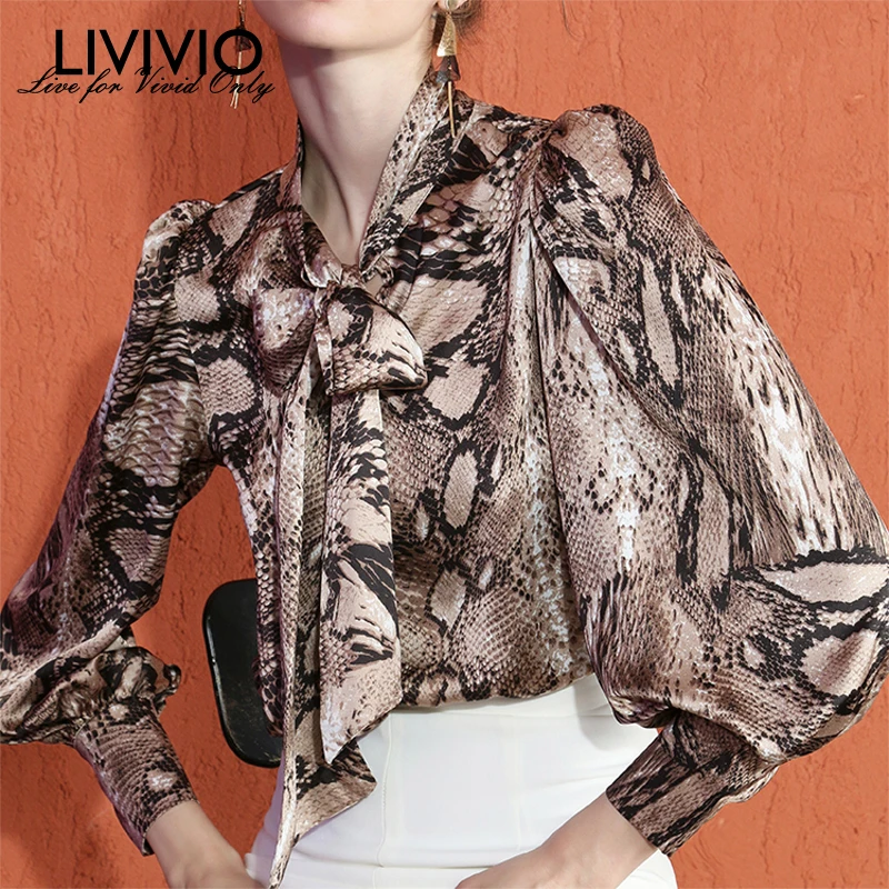 [LIVIVIO] змеиный принт, бант, воротник, фонарь, длинный рукав, блузка, женская рубашка, осень, женская модная одежда