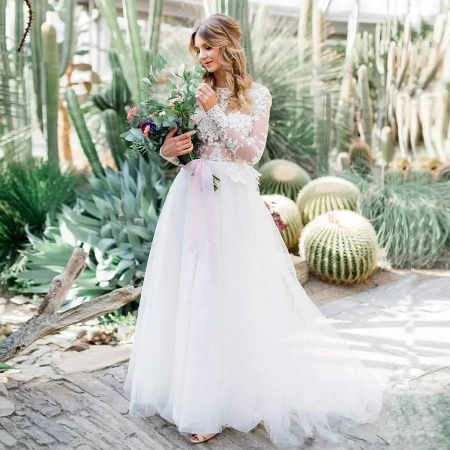 Сексуальные прозрачные кружевные свадебные платья Vestido De Noiva с длинным рукавом, вырез лодочкой, открытая спина, свадебные платья для невесты, Robe De Mariee