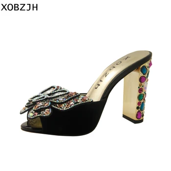 

Brand Designer Sandals Women Shoes Luxury 2019 Genuine Leather High Heels Rhinestone Sandals Black Wedding Shoes Woman Open Toe