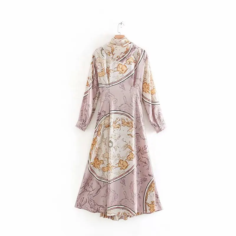 QZ624 Women European Design Long Sleeve Crossed Bow Print Pleated Middle Long Dress Vestidos