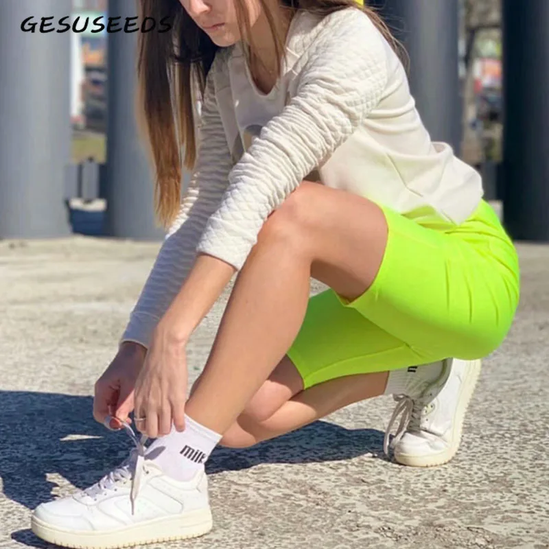 

Neon green yellow biker shorts orange black high waisted shorts casual elastic shorts vintage khaki pink reflective short mujer