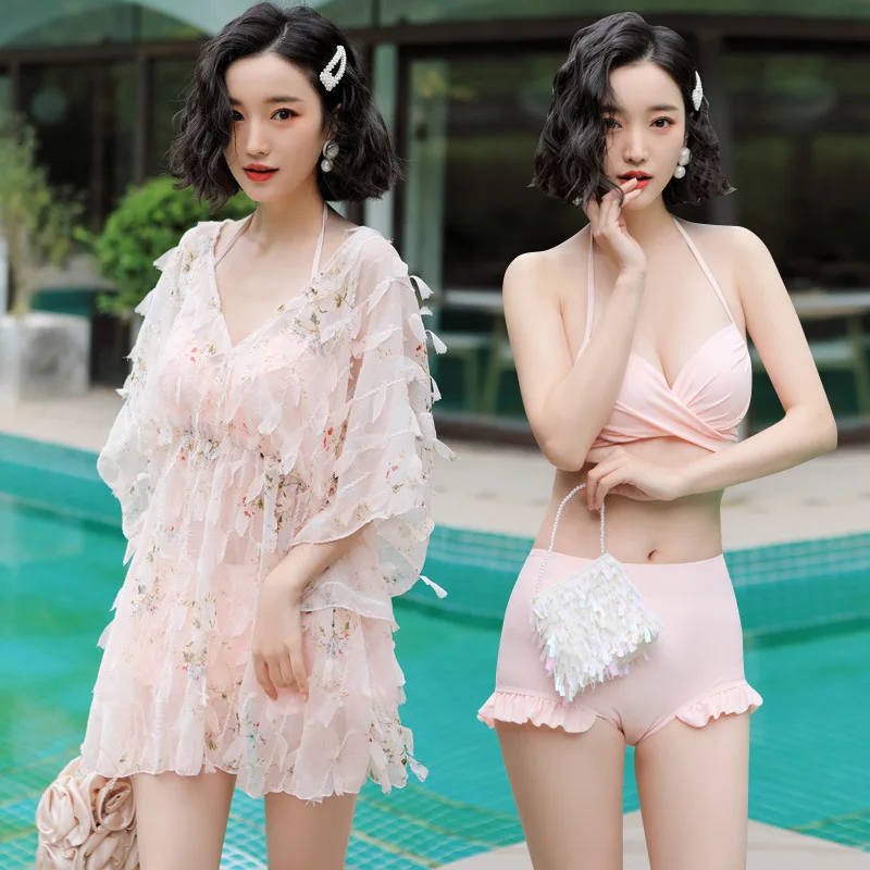 

Bathing Suit Three-piece Set Women's Conservative Bikini Small Bust Gathering Belly Covering Slimming Seaside Beach Holiday Thai