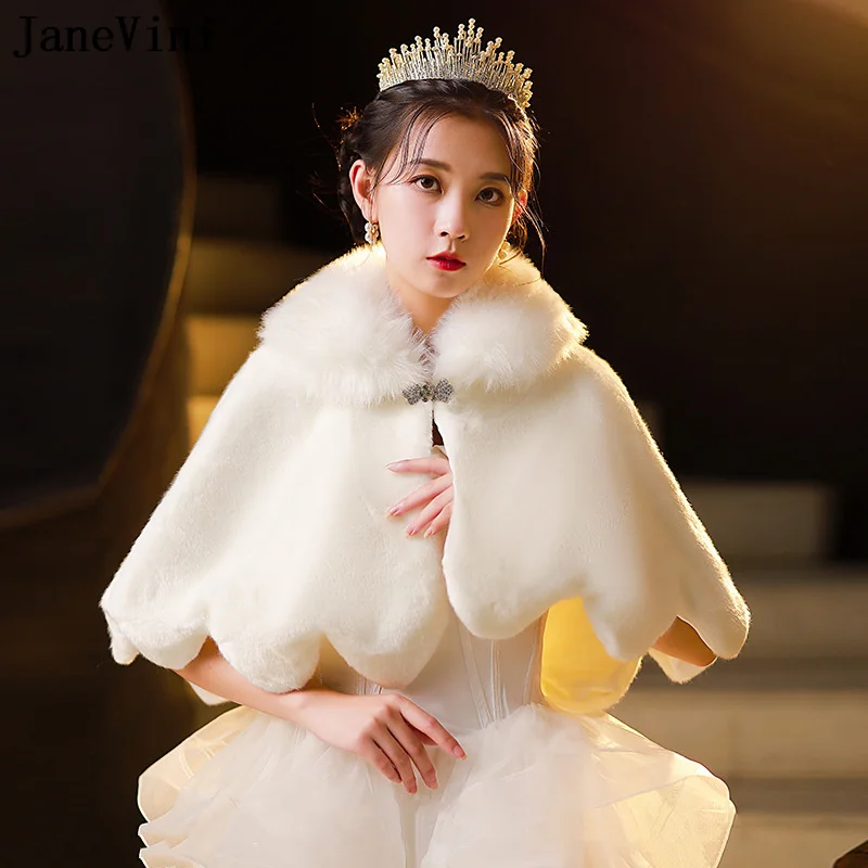 JaneVini 2022 Beaded Bride Fur Bolero Jacket Womens Faux Fur Shawl Wraps Shrugs Etole Fourrure Winter Bridal Wedding Capes Cloak