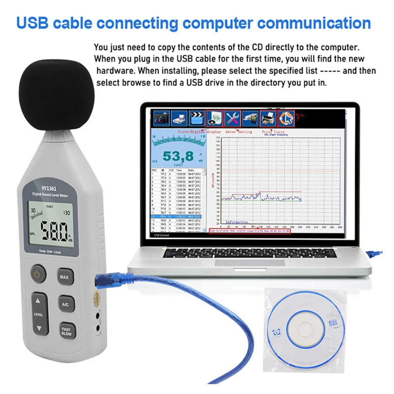 HY1361 sound level meter 30-130db Decibel meter Volume measurement USB data storage 5