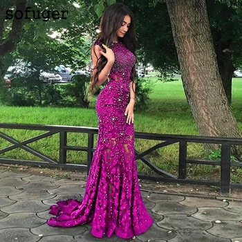 

Fuschia Cryatals Lace Mermaid Evening Dresses Prom Africal Saudi Arabic Special Occasion Evening Formal Prom Party Gown