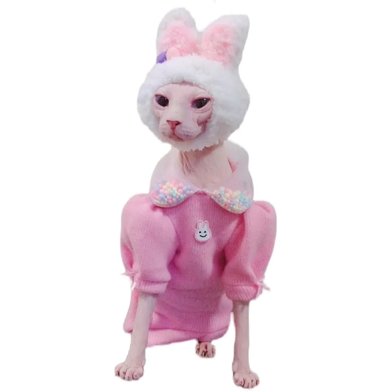 

DUOMASUMI Pink Bunny Sytle Naked Cat Outfits Thicken Winter Coat for Sphynx Cat Kitty Cute Warm Hairless Bald Cat Clothes