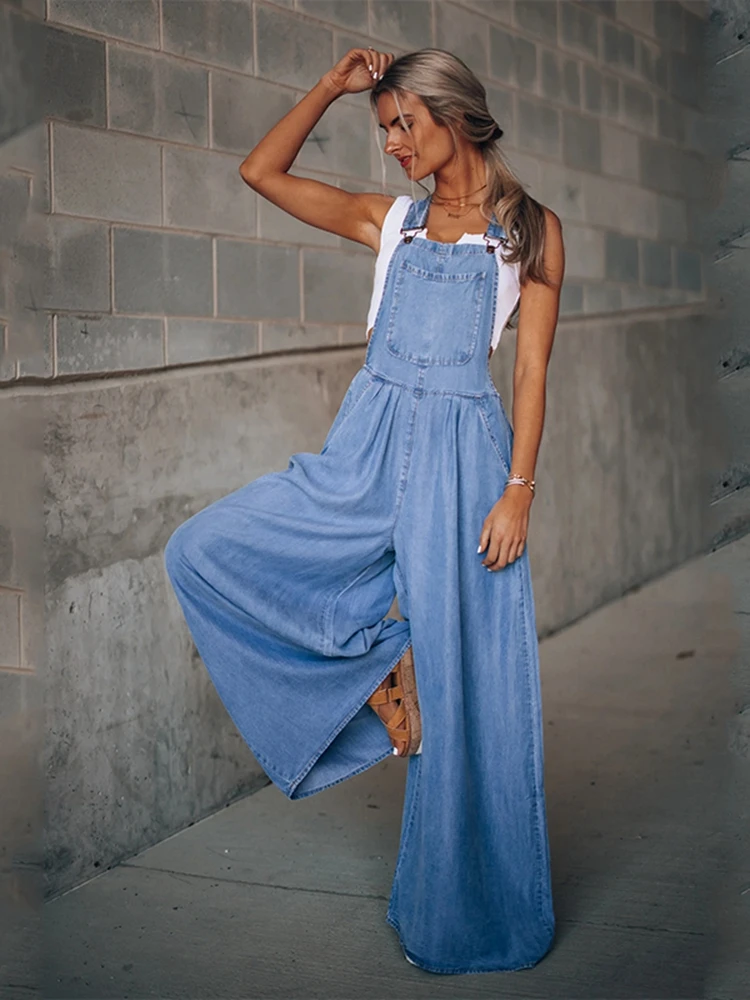 Summer Women's Blue Denim Overalls Loose Wide-Leg Jumpsuits Fashion New Pocket High-Waist |