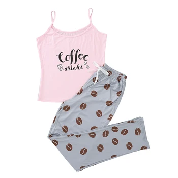 

Casual Printed Colorful Women Sleepwear Sleeveless Strap Top Camis Bow Elastic Waist Pencil Pants Casual Soft Homewear 2pcs Sets