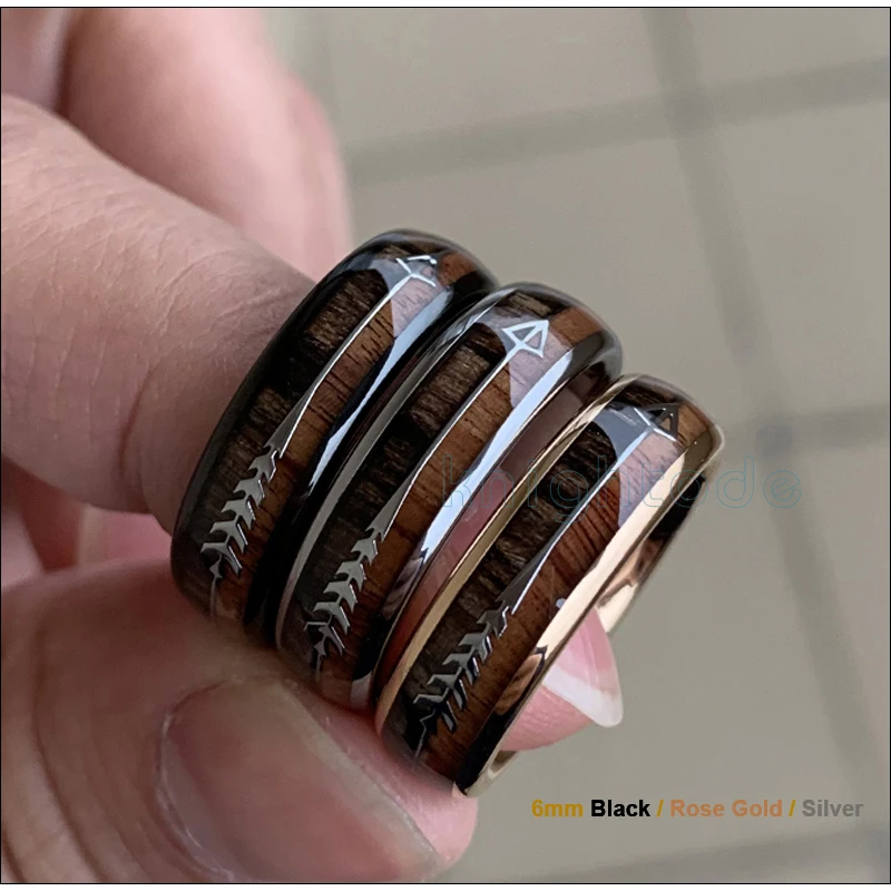 Billige 8 6mm Mode Rose Gold Wolfram Hartmetall Holz Ringe Frauen Männer Klassische Silber Engagement Band Und Stahl Pfeil inlay Schwarz Stil