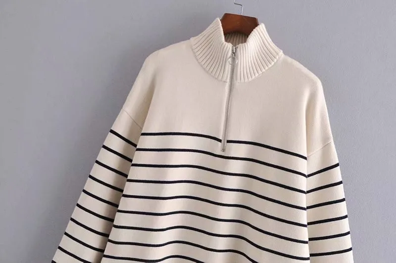 Long Sleeve Zip Striped knit sweater top women world apparel store robe femme women's sweater cardigan for women