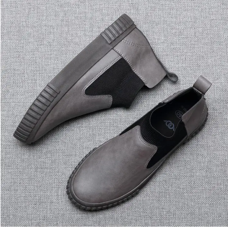 Mens Moccasins Casual high top slip on Leather Shoes Male Casual Shoes black gray Sneakers Leather flats shoes A22-03