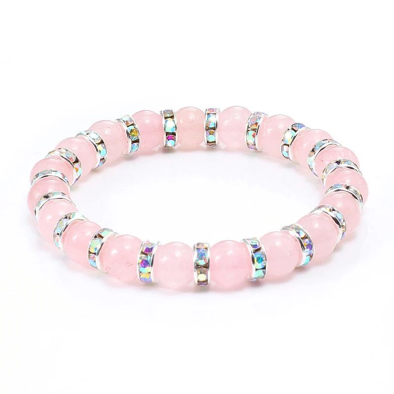 Высокое качество натуральный камень розовый бисер браслеты для женщин Strand браслеты горный хрусталь эластичные ювелирные изделия подарок для девочек - Окраска металла: AB