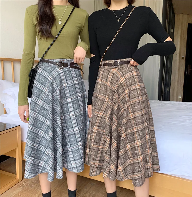 Harajuku длинные юбки женские Осень Зима Высокая талия плиссированная шерстяная клетчатая юбка Уличная Одежда большого размера миди юбка куртка femme