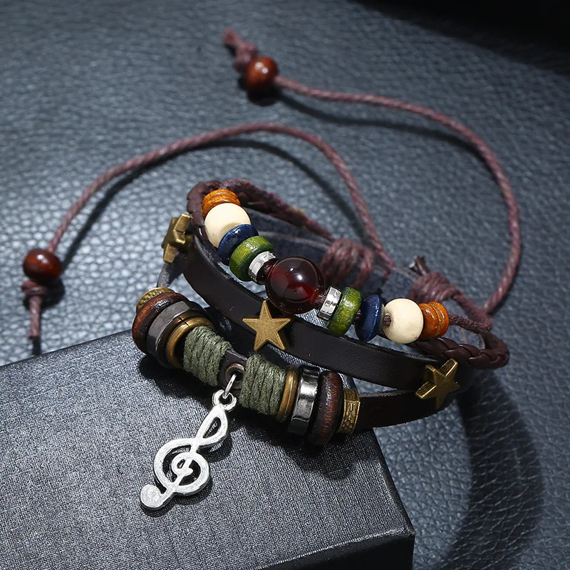 Vintage Punk Multilayer Leather Bracelet Man Women Fashion Note Accessory Bead Bracelets Charm Jewelry Wrap Adjustable Wristband