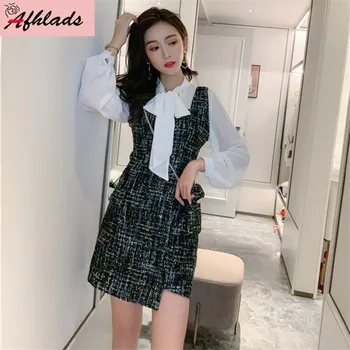 

2019 Autumn New Two-Piece Small Fragrance Long-Sleeved Slim Bow Lace-Up Shirt + Tweed Bodycon Dress Two-Piece Set