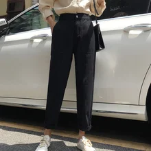 Черные джинсы с высокой талией, женские штаны, джинсовые штаны-шаровары длиной до щиколотки, женские брюки с большими карманами,, Повседневная Уличная одежда