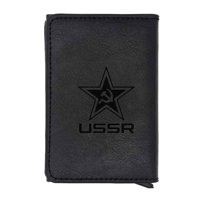 Classic USSR Soviet Badges Sickle Hammer Rfid Card Holder Men Wallets CCCP Russia Emblem Communism Black Leather Short Purse