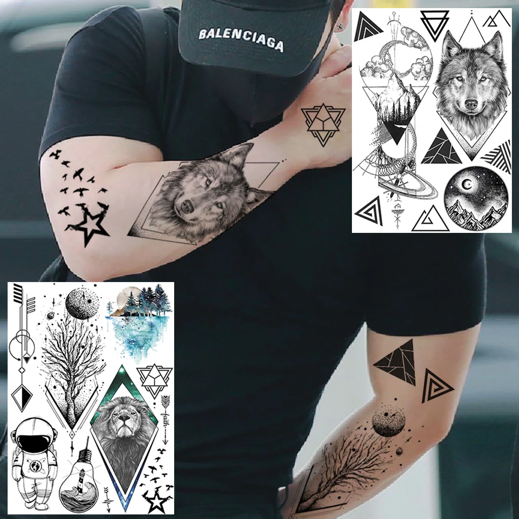 Diy Black Wolf Lion Temporary Tattoos Sticker For Men Boys Adult Body Art  Tattoo Fake Washable Triangle Space Star Tatoo Drawing - Temporary Tattoos  - AliExpress