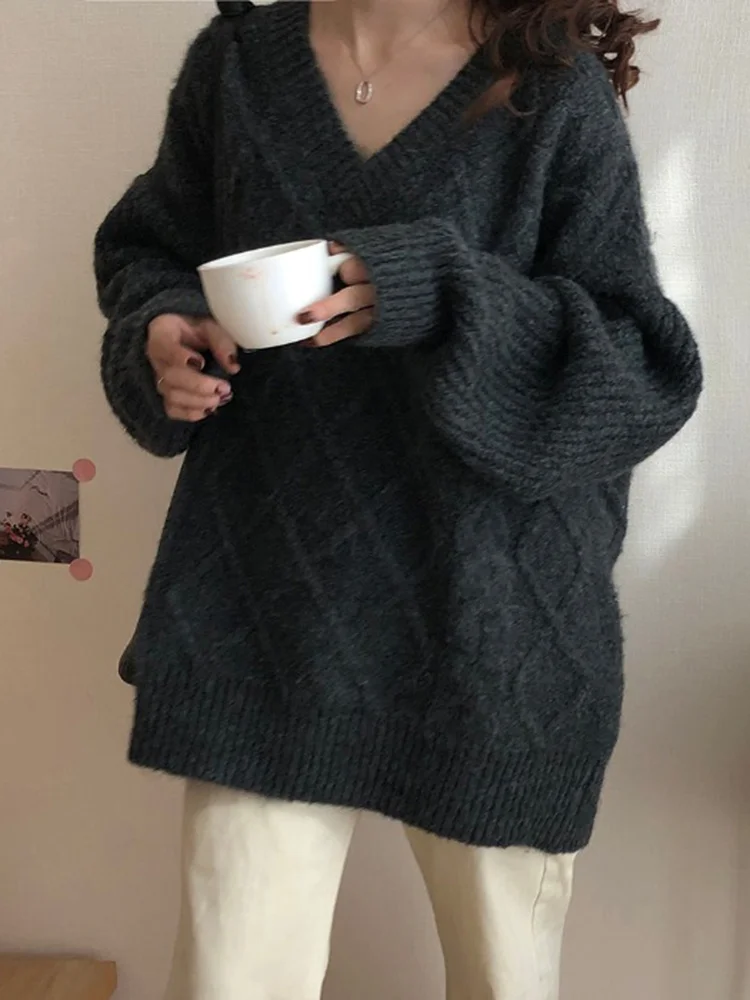 V-neck Sweater Women's Autumn Winter 2021 New Hong Kong Style Pullover Lazy Loose Outer Coat Thickened | Женская одежда