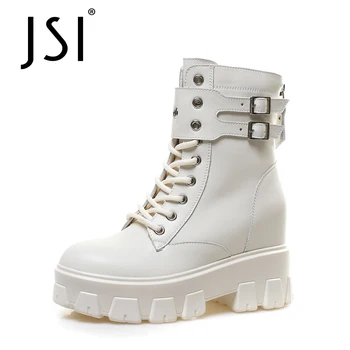 

JSI Mid-calf Platform Boots Winter Woman Chunky High Heel Cross-tied Buckle Strap Boots Ladies Zipper Metal Black Boots JO615