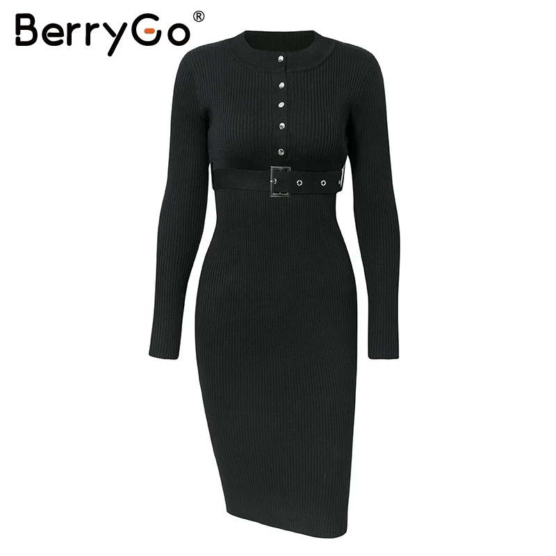 BerryGo Элегантное трикотажное платье с высокой талией женское облегающее одноцветное офисное дамское осеннее платье сексуальное облегающее женское платье с длинным рукавом - Цвет: Черный