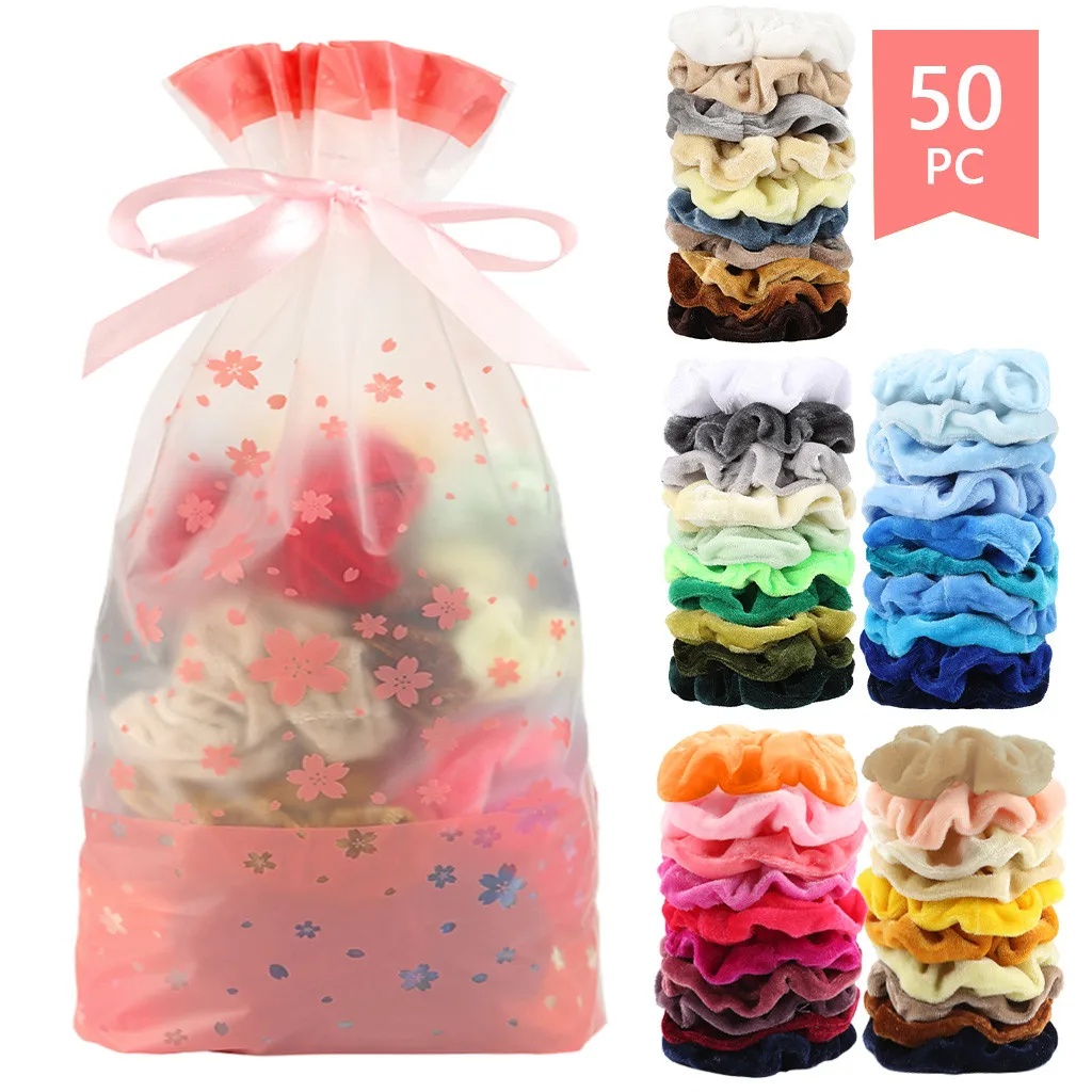 

50 Pcs Vintage Hair Scrunchies Velvet Scrunchie Pack Women Elastic Hair Bands Girl Headwear Solid Rubber Hair Ties 10.2