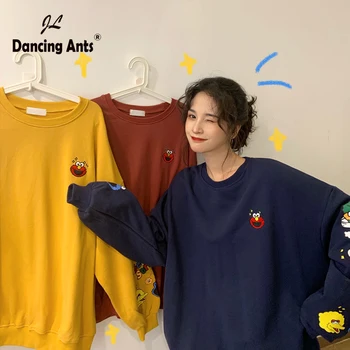 

Hoodie Women Long Sleeve O-neck Hoodies ulzzang Cartoon Printed Embroidery Loose Casual Woman Hoodie Sweatshirts 2020 Fashion