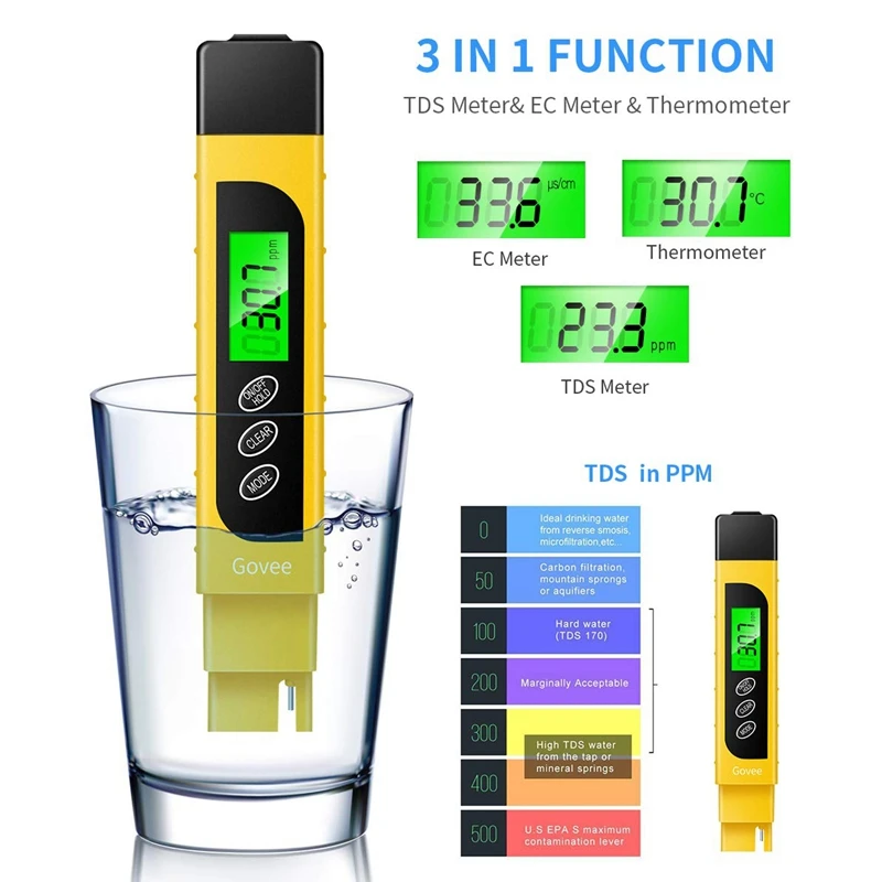 Promotion! 3 in 1 TDS Meter, Govee accurate Water Quality Tester with Backlit Screen, TDS, EC and Temperature 0-9999 Ppm Portabl