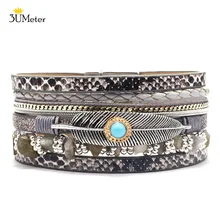 3UMeter Feather Wrap Bracelet Boho Multilayer Leather Cuff Bracelet Natural Stone Beads Bangle Jewelry Gifts for Women Teen Girl