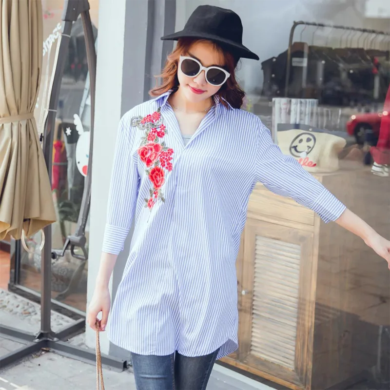

2020 Spring New Style Europe And America Fashion Loose Rose Embroidered Stripes Patch Shirt-Dress Women's