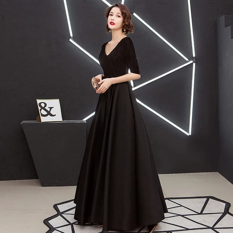 Evening Party Dress Women Qipao Noble Velour Pacthwork Half Sleeve Chorus Performance Dress Cheongsam V-neck Long Pleaeted Dress