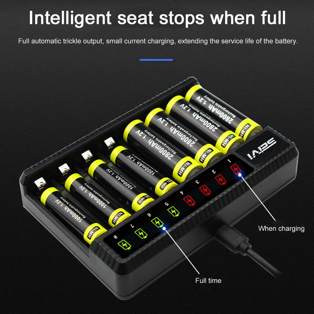 Battery Charger Adapter Battery Charger 8 Slot Smart Battery Charger LED Display for AA/AAA NiMH Rechargeable Batteries